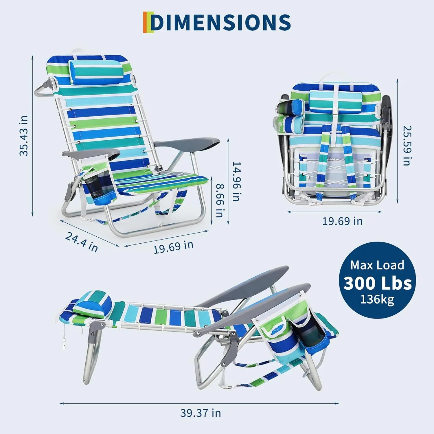 Portable Folding Beach Chair with 5 Reclining Positions Cup Holder and Phone Pocket