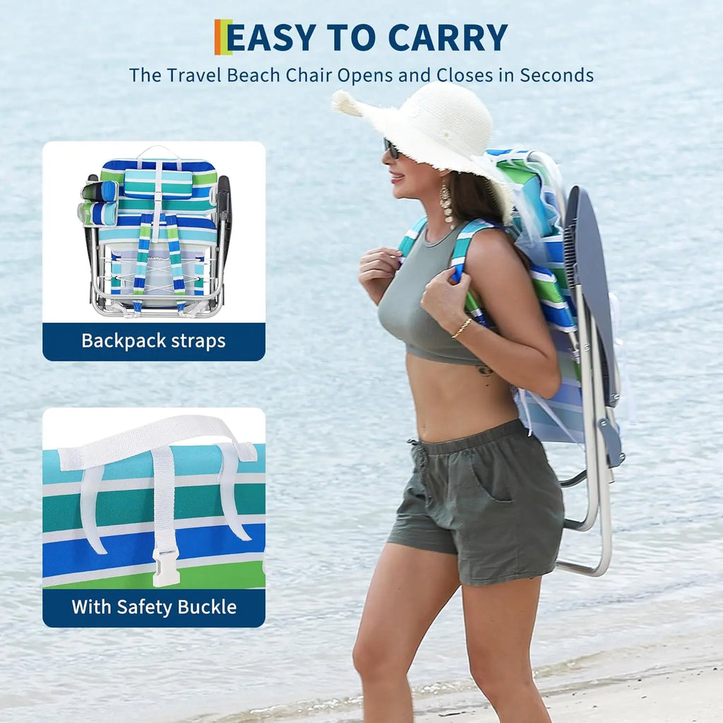 Portable Folding Beach Chair with 5 Reclining Positions Cup Holder and Phone Pocket
