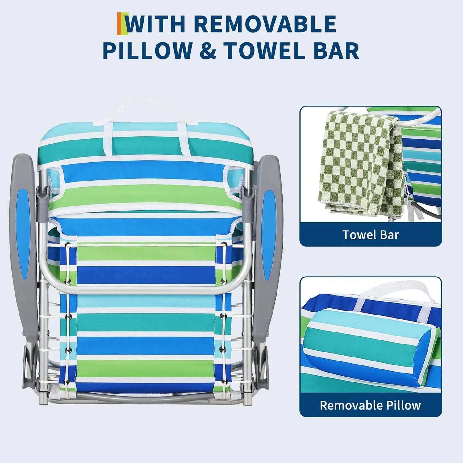 Portable Folding Beach Chair with 5 Reclining Positions Cup Holder and Phone Pocket