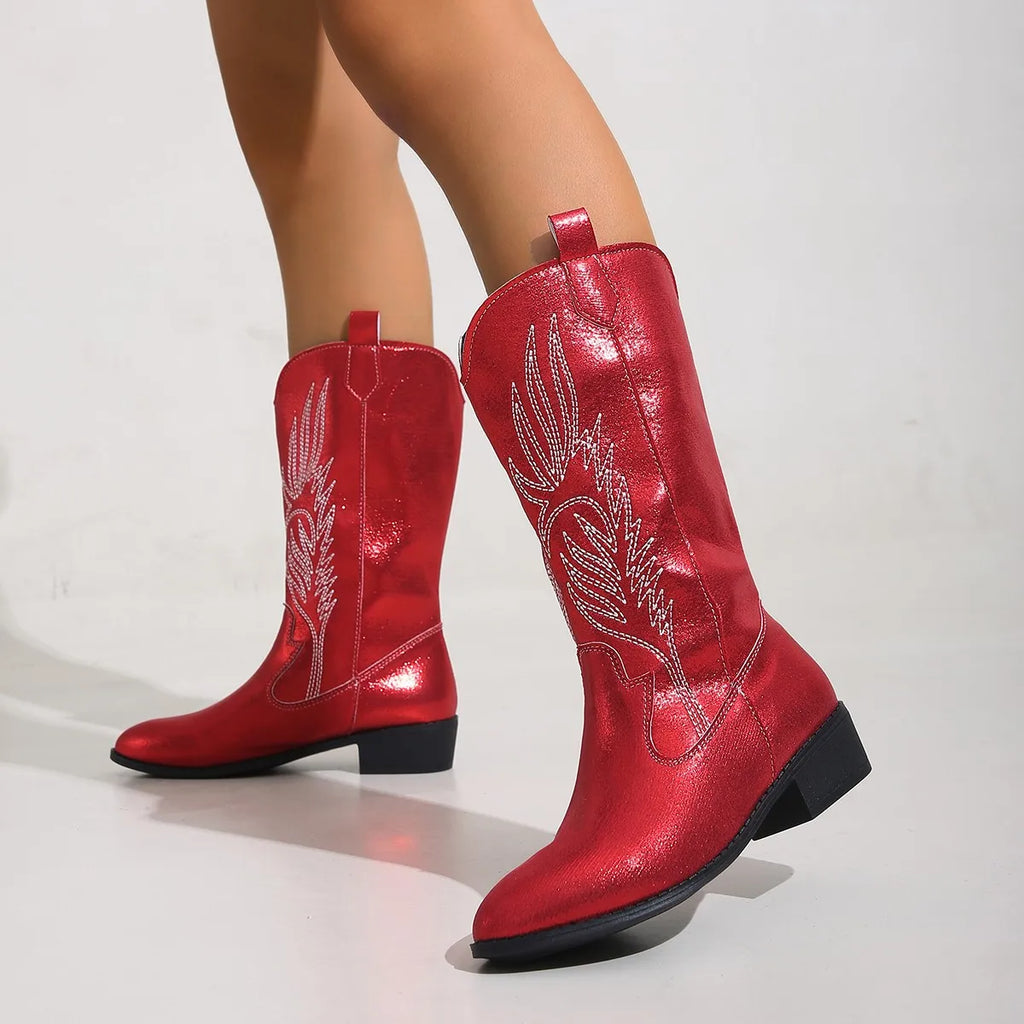 Women's Retro Mid-Calf Pointed Toe Cowboy Boots