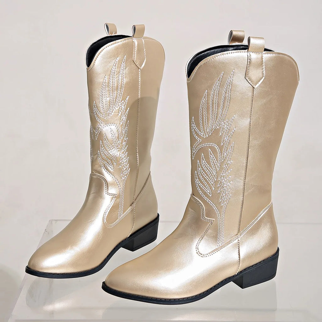 Women's Retro Mid-Calf Pointed Toe Cowboy Boots