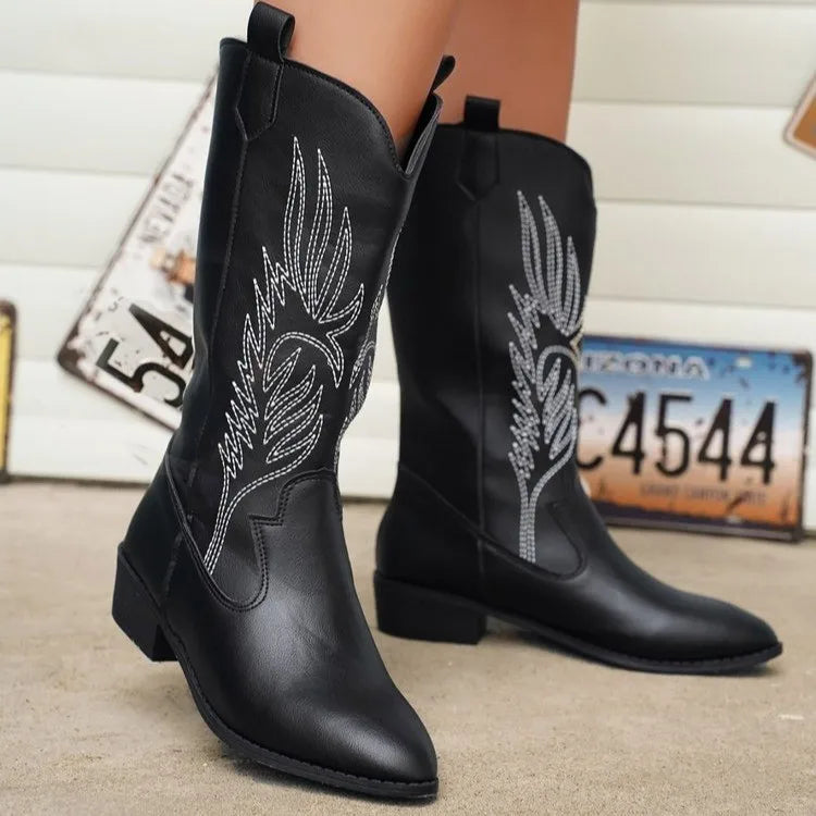 Women's Retro Mid-Calf Pointed Toe Cowboy Boots