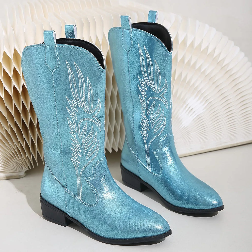 Women's Retro Mid-Calf Pointed Toe Cowboy Boots