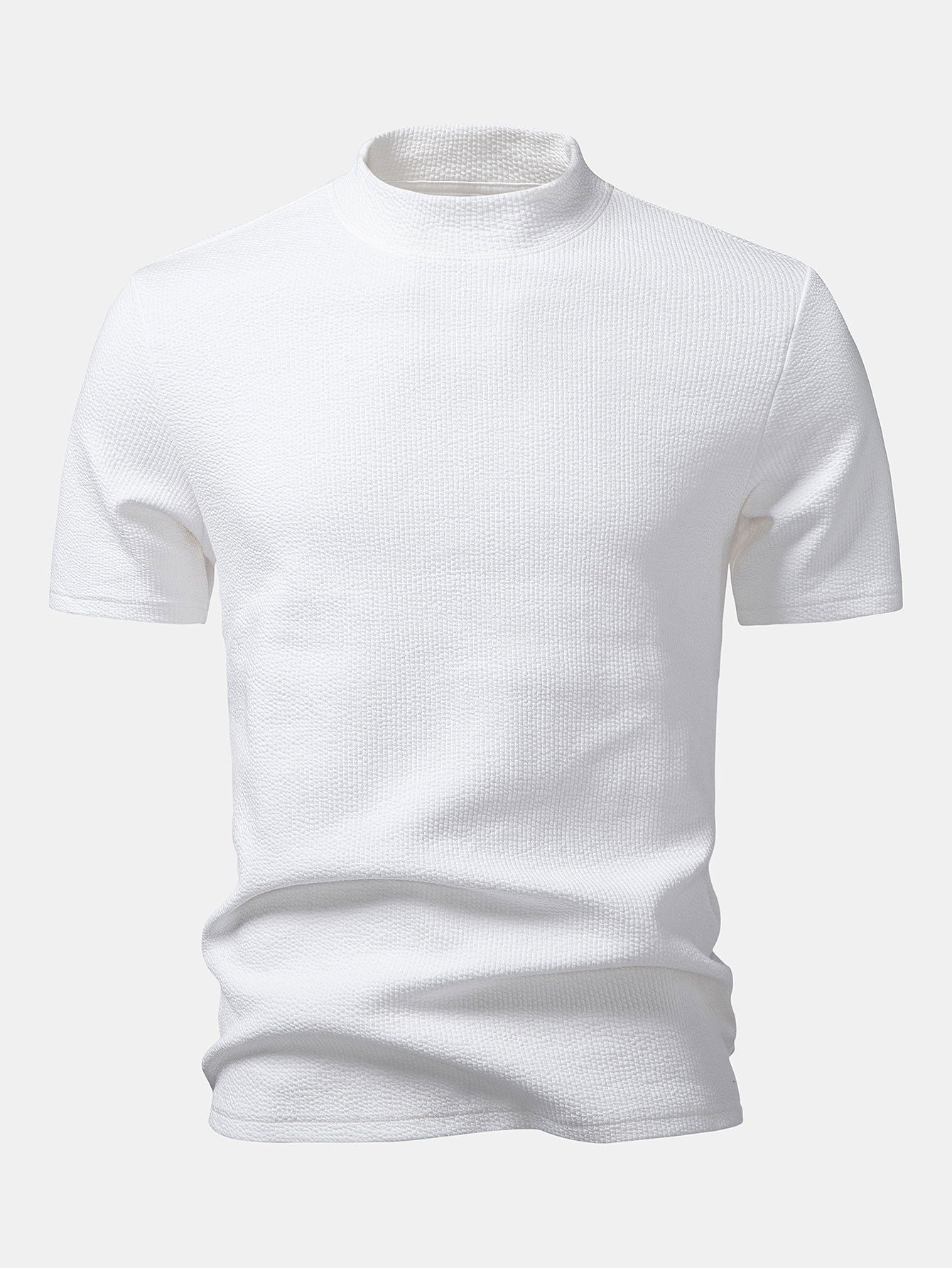 Men’s Textured Mock Neck T-Shirt – Slim Fit Short Sleeve Knit Casual Basic White Tee