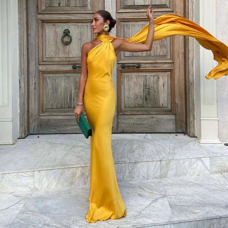 Silky Satin Backless Halter Fishtail Maxi Dress