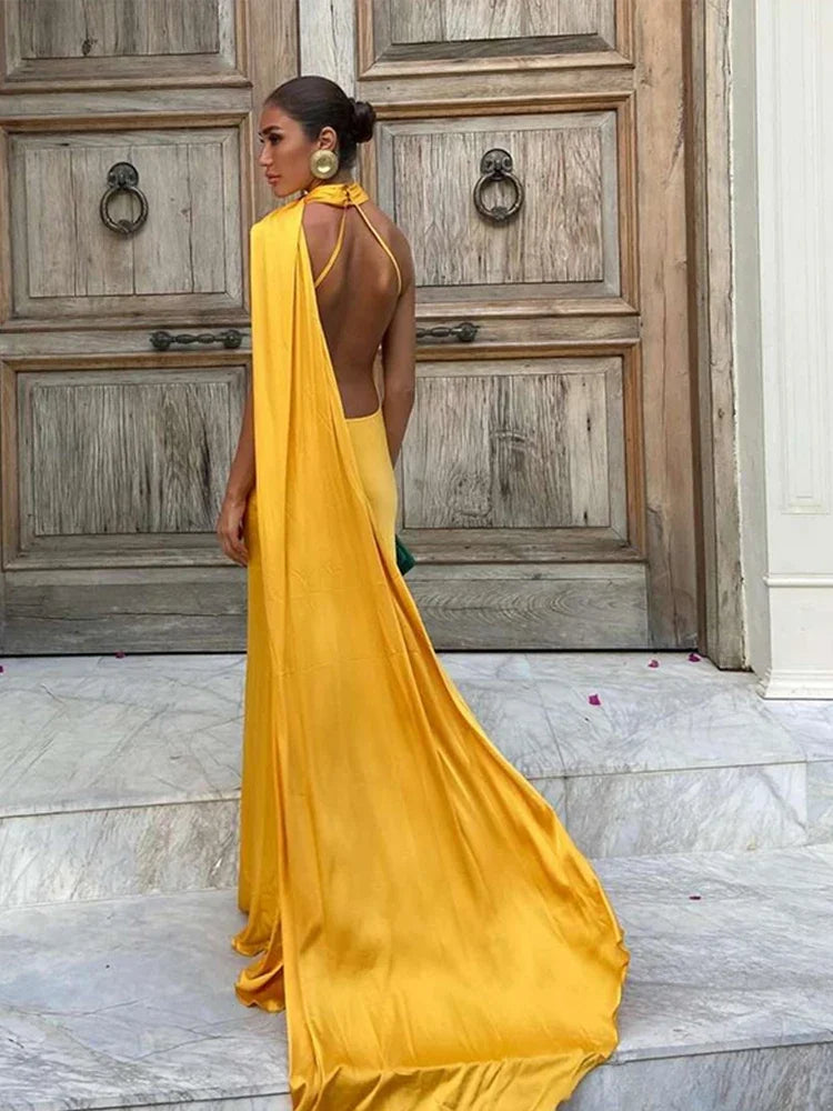 Silky Satin Backless Halter Fishtail Maxi Dress