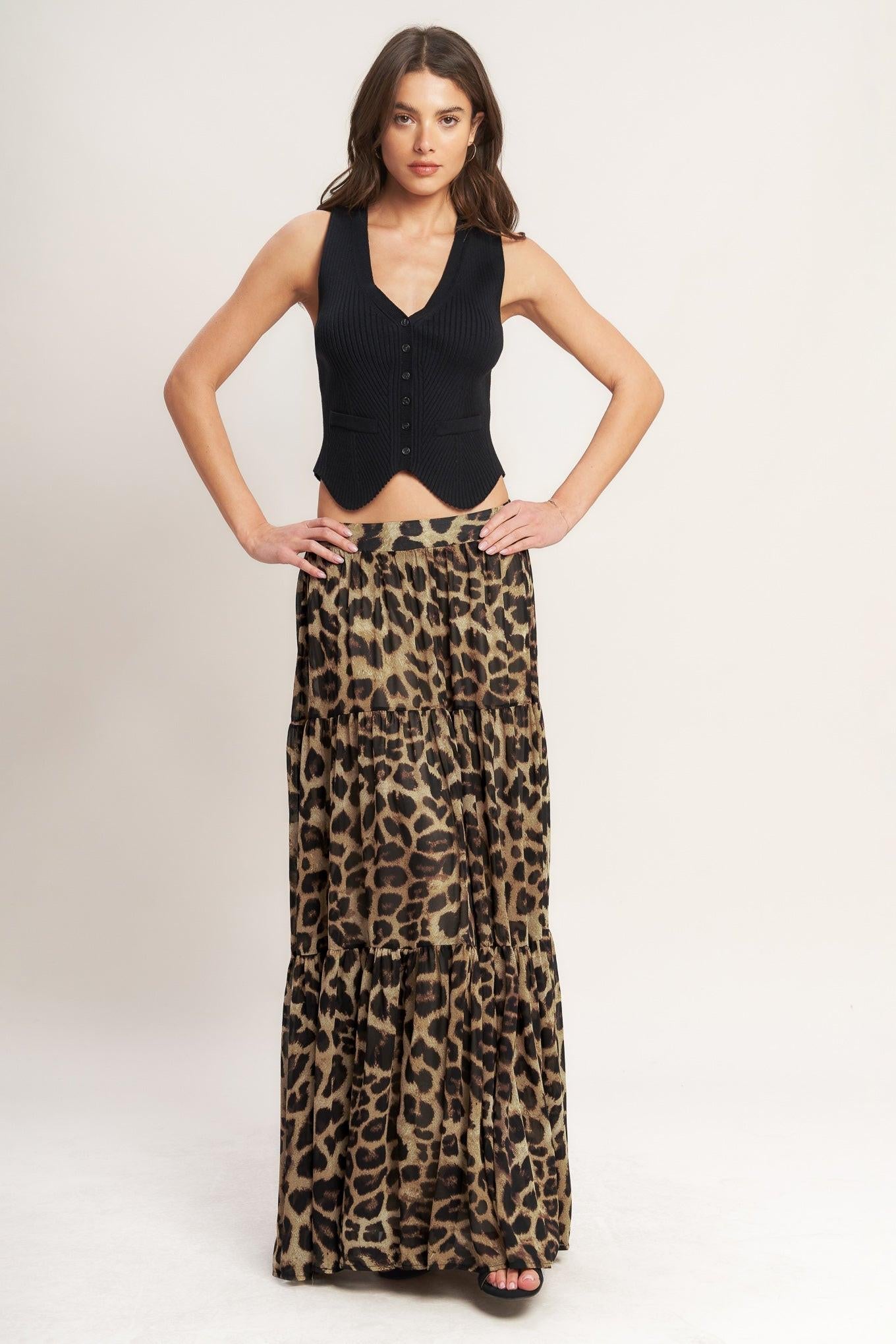 Women’s Printed Tiered Maxi Skirt — High Waist Flowing Woven Skirt with Elastic Back Waistband