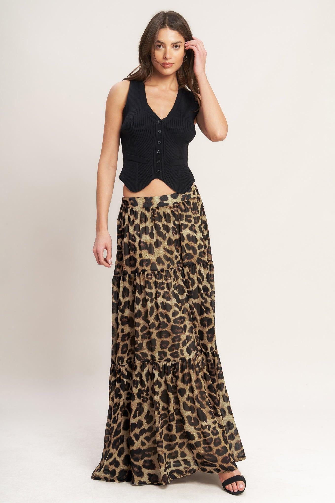 Women’s Printed Tiered Maxi Skirt — High Waist Flowing Woven Skirt with Elastic Back Waistband