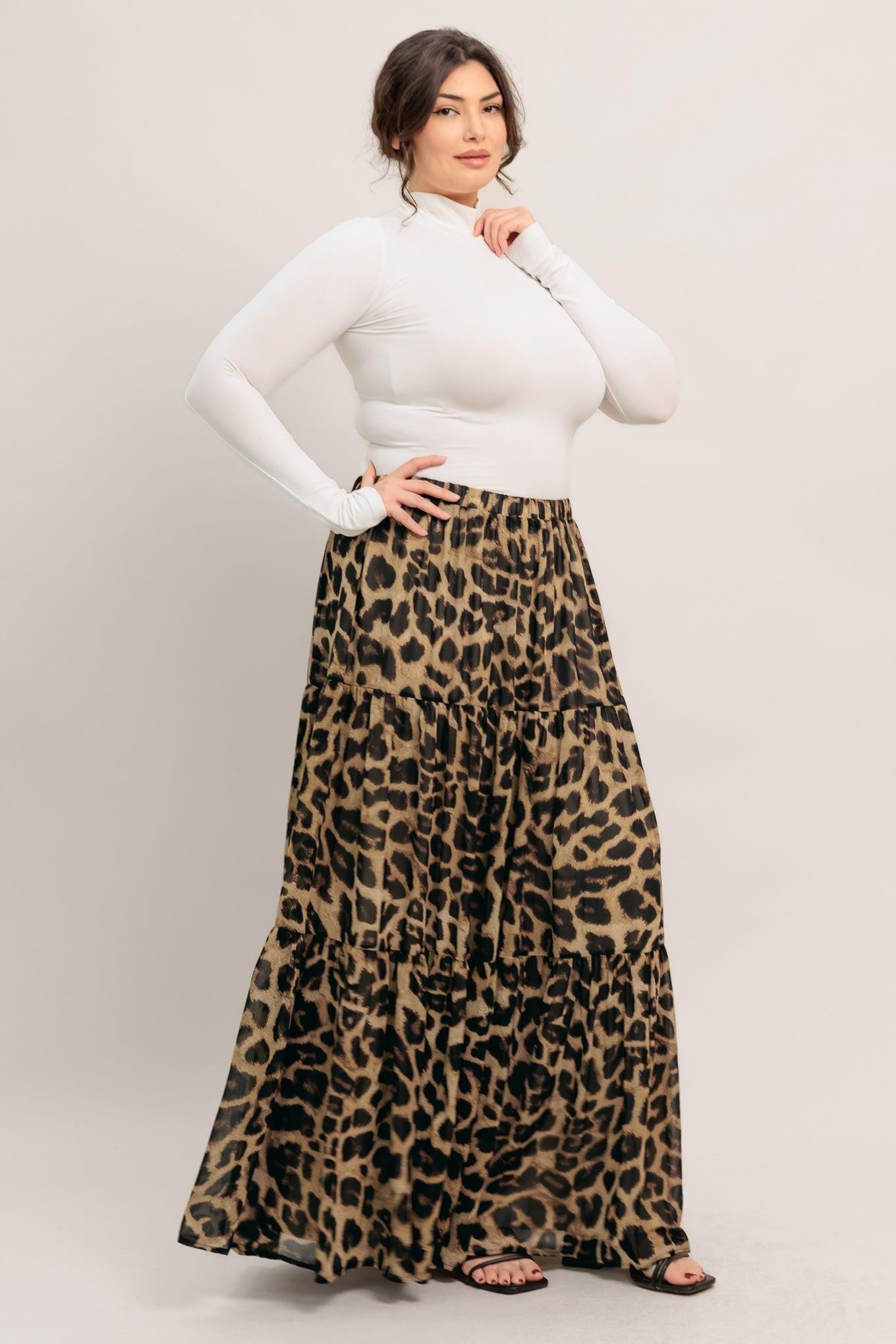 Women’s Printed Tiered Maxi Skirt — High Waist Flowing Woven Skirt with Elastic Back Waistband