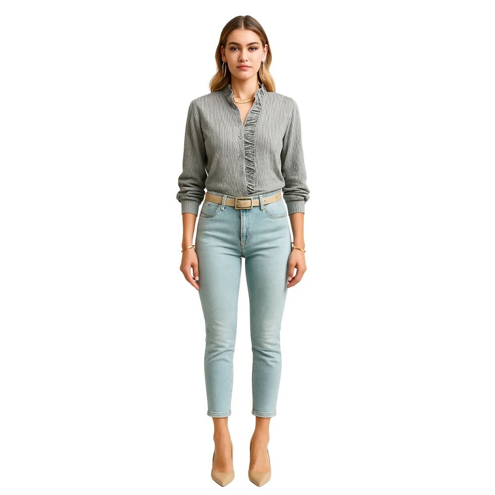 Women’s Ruffle Collar Cotton Blouse – Long Sleeve Bishop Sleeve Button Down Shirt for Office, Work & Elegant Everyday Wear