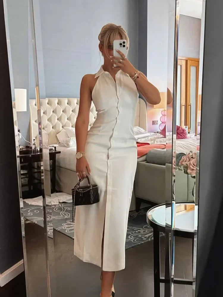 Women's White Sleeveless Collared Button-Down High Slit Maxi Dress – Chic Summer Resort Backless Shirt Dress