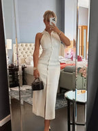 Women's White Sleeveless Collared Button-Down High Slit Maxi Dress – Chic Summer Resort Backless Shirt Dress