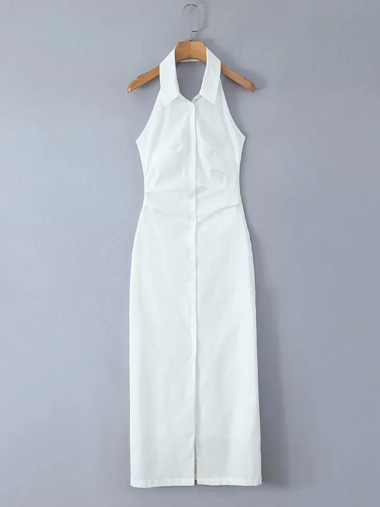 Women's White Sleeveless Collared Button-Down High Slit Maxi Dress – Chic Summer Resort Backless Shirt Dress