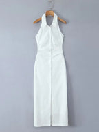 Women's White Sleeveless Collared Button-Down High Slit Maxi Dress – Chic Summer Resort Backless Shirt Dress