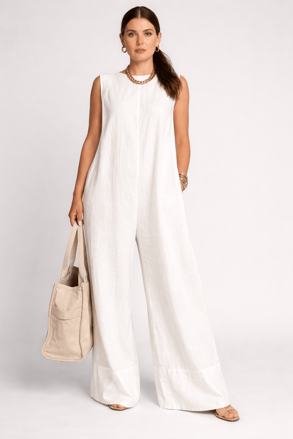 Women’s Sleeveless Wide Leg Cotton Jumpsuit – Loose Fit Casual Summer Romper Full Length One-Piece Outfit
