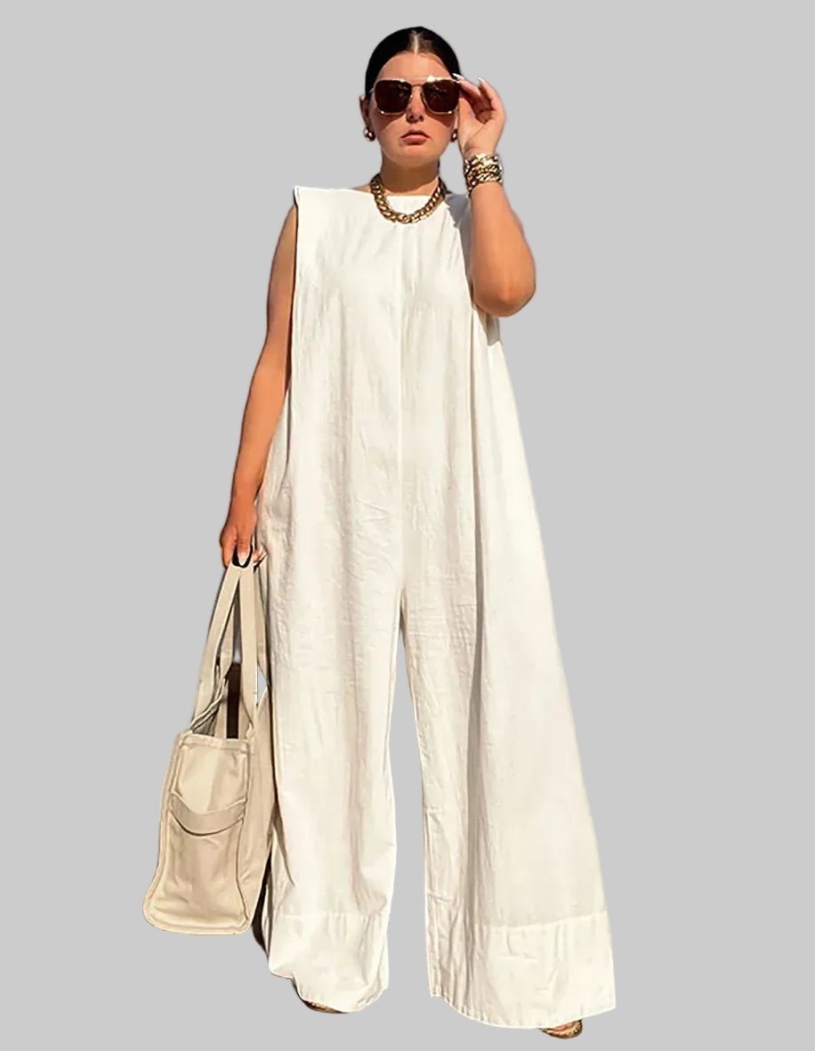 Women’s Sleeveless Wide Leg Cotton Jumpsuit – Loose Fit Casual Summer Romper Full Length One-Piece Outfit