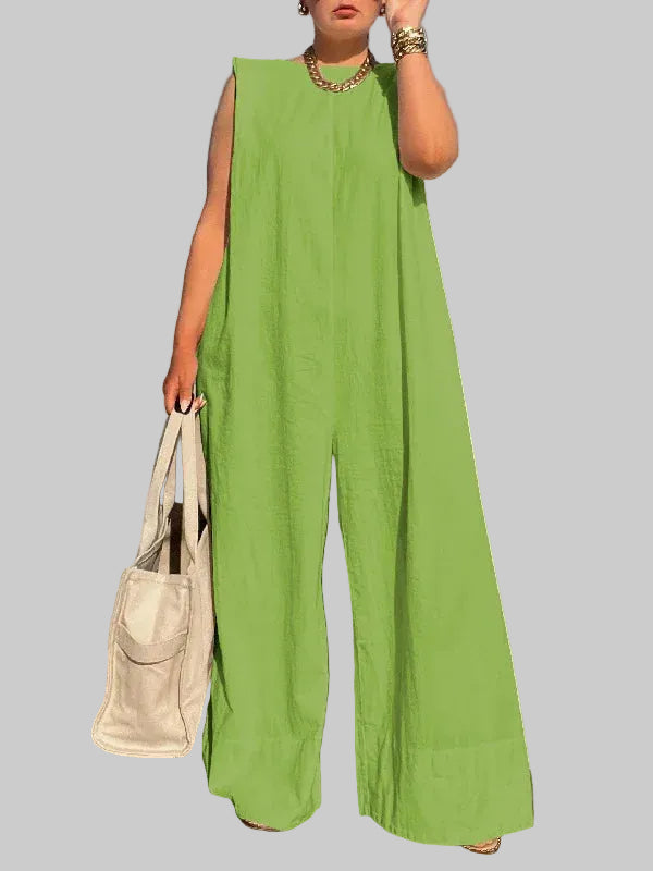 Women’s Sleeveless Wide Leg Cotton Jumpsuit – Loose Fit Casual Summer Romper Full Length One-Piece Outfit
