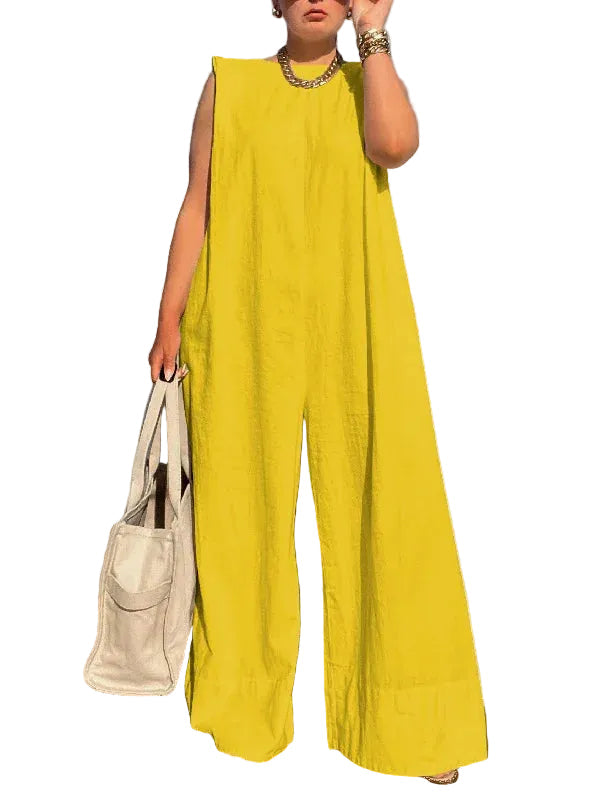 Women’s Sleeveless Wide Leg Cotton Jumpsuit – Loose Fit Casual Summer Romper Full Length One-Piece Outfit