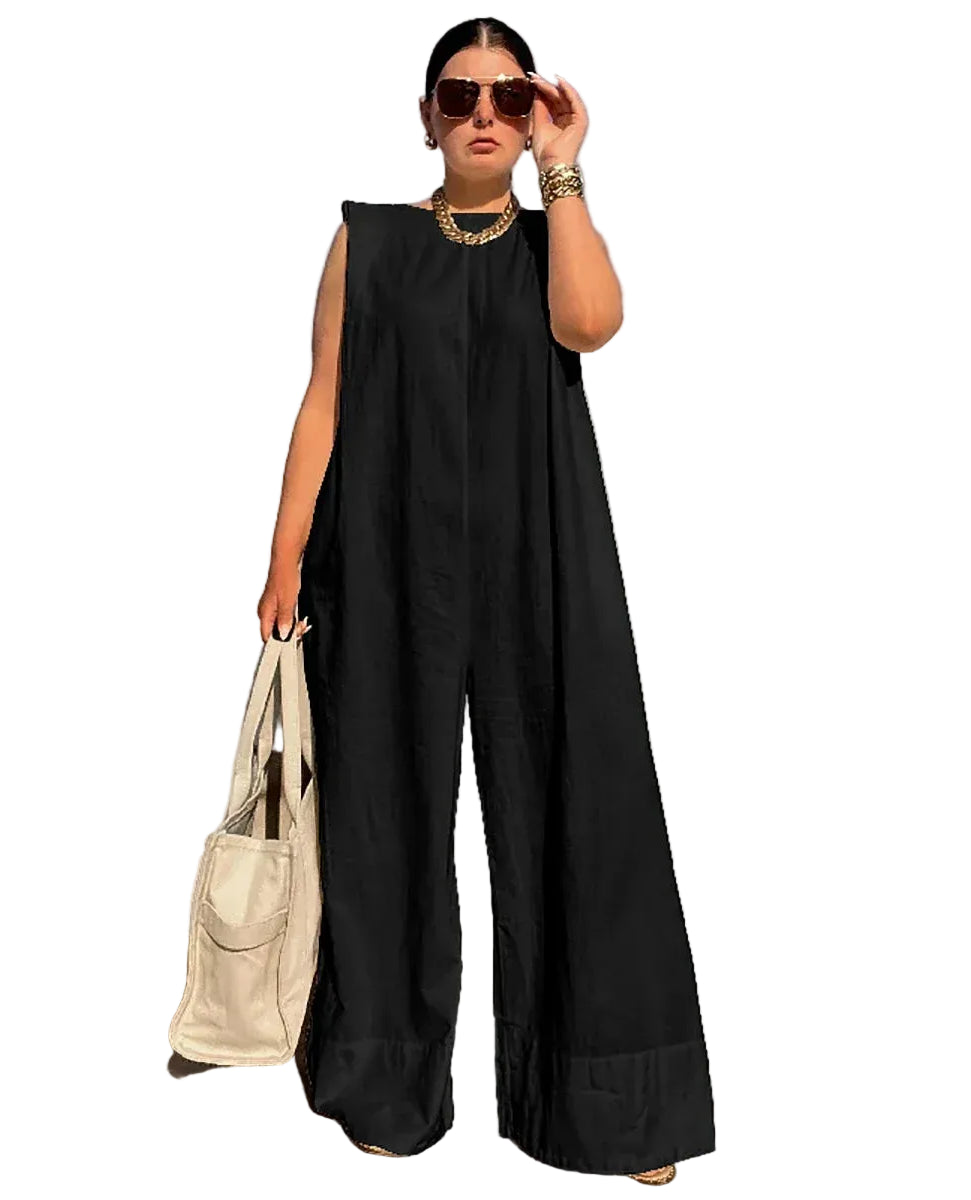 Women’s Sleeveless Wide Leg Cotton Jumpsuit – Loose Fit Casual Summer Romper Full Length One-Piece Outfit