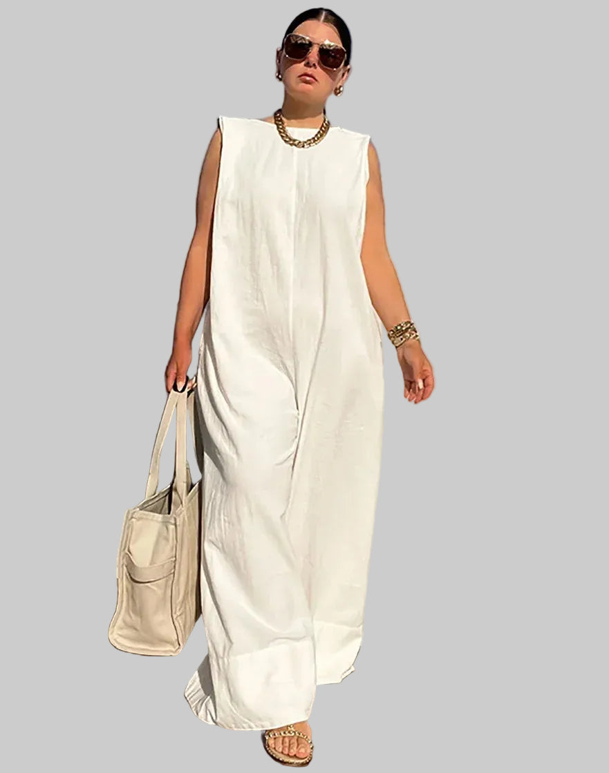 Women’s Sleeveless Wide Leg Cotton Jumpsuit – Loose Fit Casual Summer Romper Full Length One-Piece Outfit