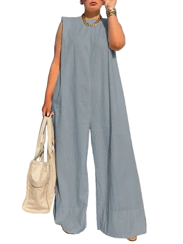 Women’s Sleeveless Wide Leg Cotton Jumpsuit – Loose Fit Casual Summer Romper Full Length One-Piece Outfit