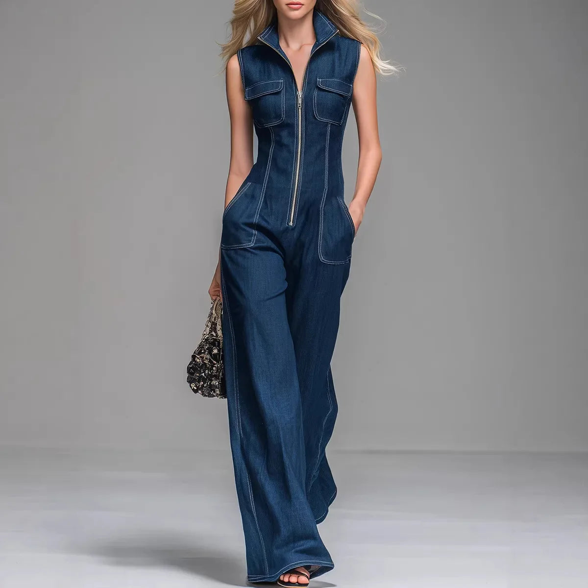 Women’s Sleeveless Denim Cargo Jumpsuit – High Waist Wide Leg Ankle-Length Utility Romper with Zipper