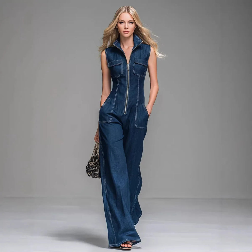 Women’s Sleeveless Denim Cargo Jumpsuit – High Waist Wide Leg Ankle-Length Romper