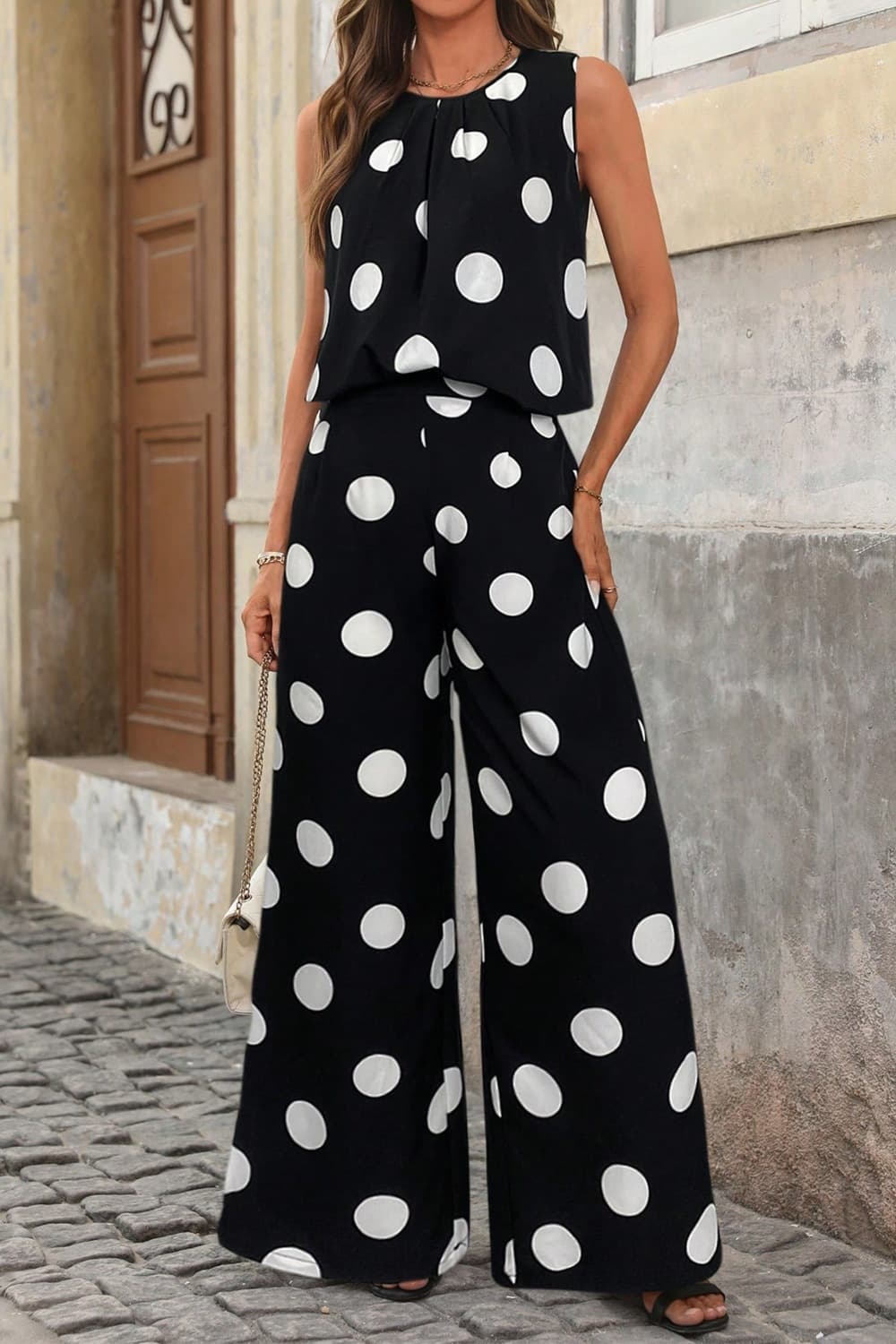 Women’s Two-Piece Casual Set – Basic Style Top & Wide Leg Pants Lounge Outfit in Polyester