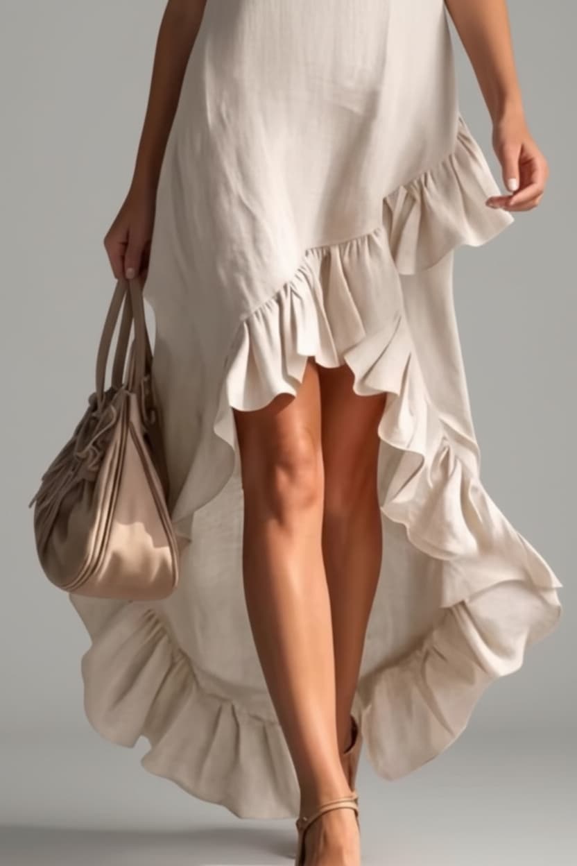 Women’s Sleeveless V-Neck High-Low Dress – Elegant Asymmetrical Ruffle Hem Midi Dress for Casual & Occasion Wear
