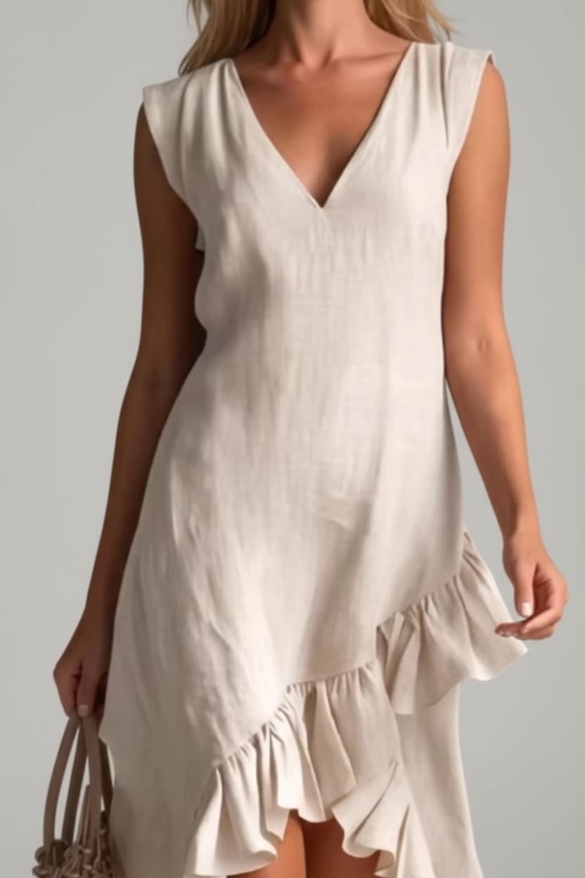 Women’s Sleeveless V-Neck High-Low Dress – Elegant Asymmetrical Ruffle Hem Midi Dress for Casual & Occasion Wear