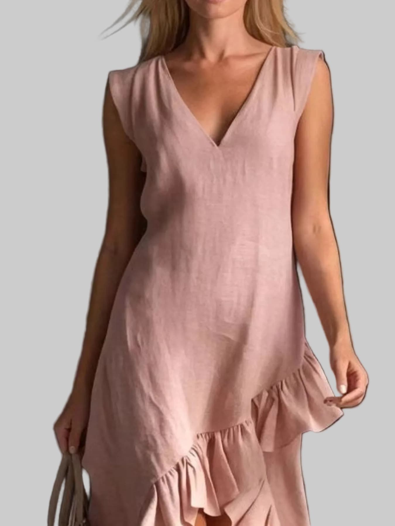 Women’s Sleeveless V-Neck High-Low Dress – Elegant Asymmetrical Ruffle Hem Midi Dress for Casual & Occasion Wear