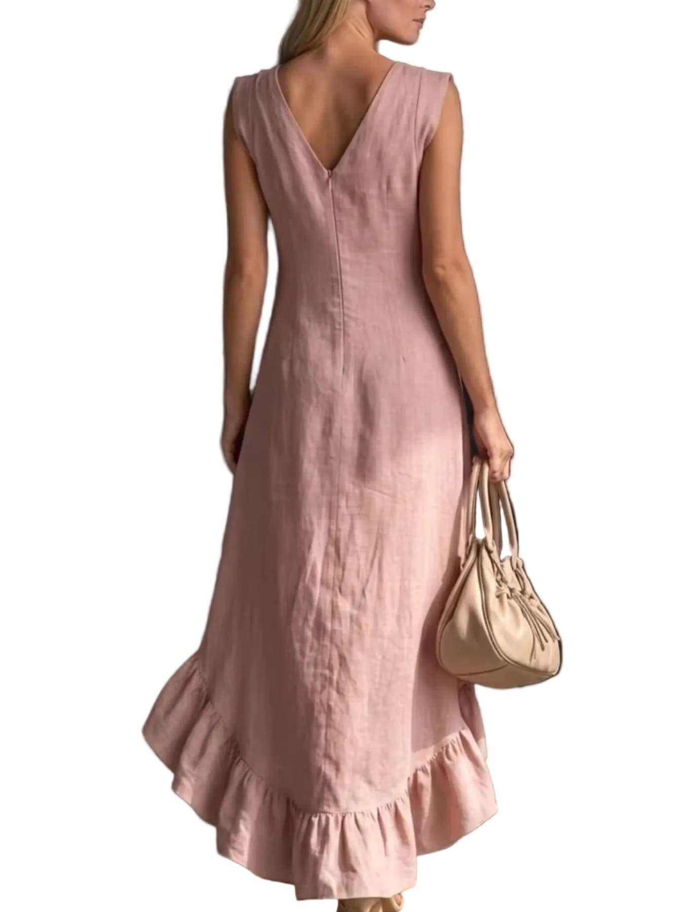 Women’s Sleeveless V-Neck High-Low Dress – Elegant Asymmetrical Ruffle Hem Midi Dress for Casual & Occasion Wear