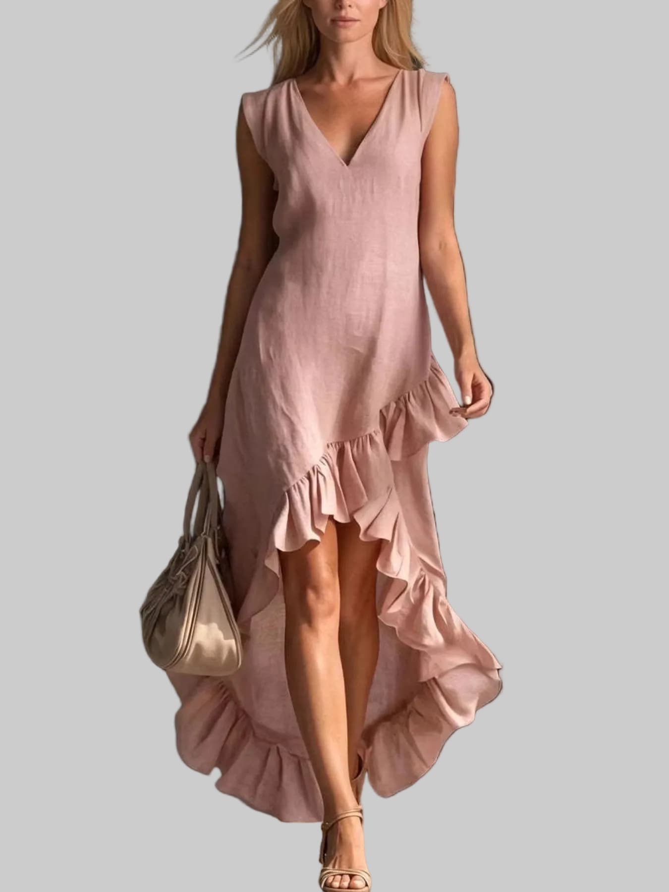 Women’s Sleeveless V-Neck High-Low Dress – Elegant Asymmetrical Ruffle Hem Midi Dress for Casual & Occasion Wear