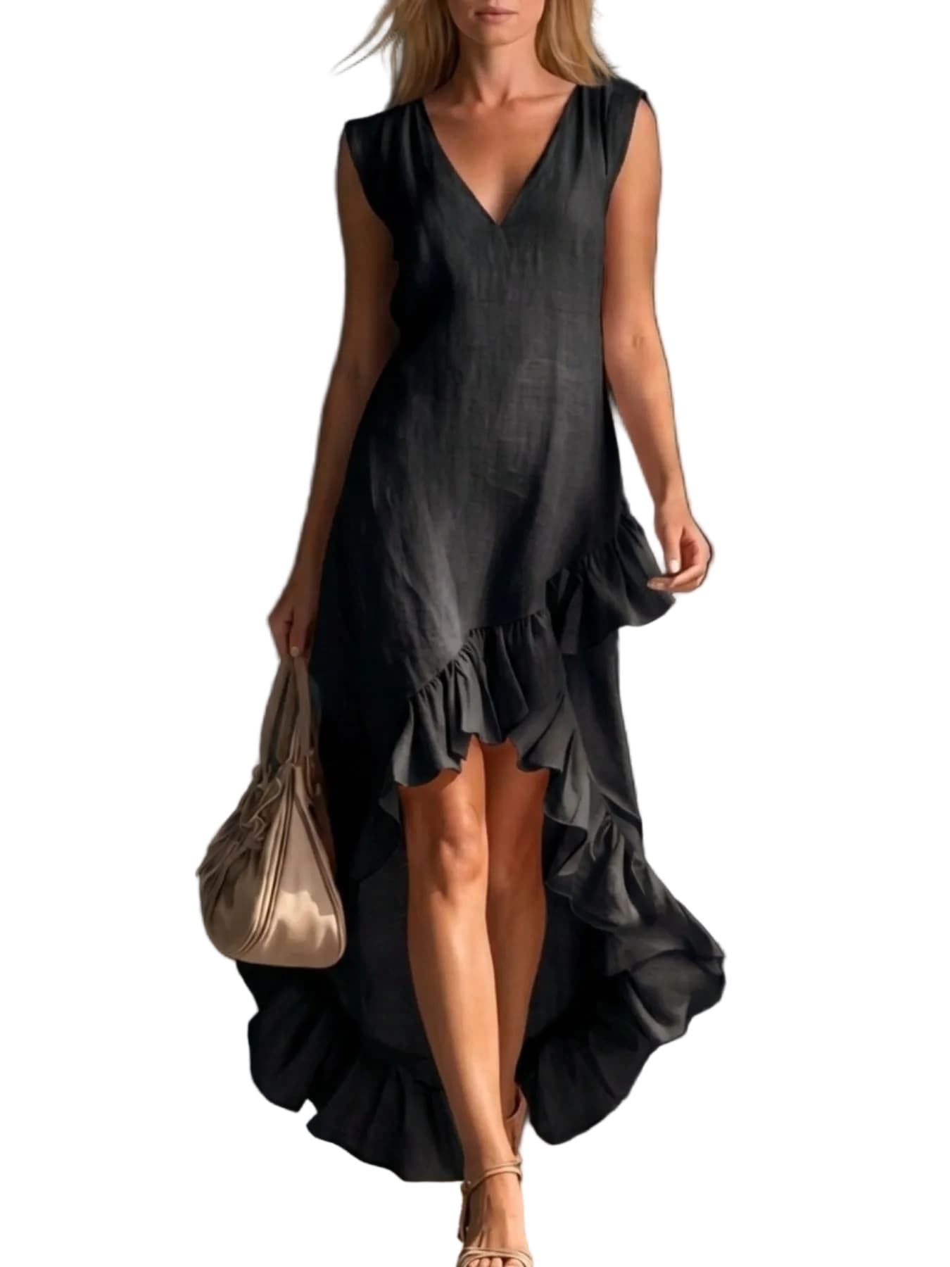 Women’s Sleeveless V-Neck High-Low Dress – Elegant Asymmetrical Ruffle Hem Midi Dress for Casual & Occasion Wear