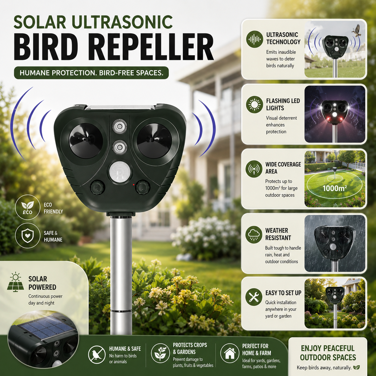 Solar Ultrasonic Bird Repeller for Gardens and Yards