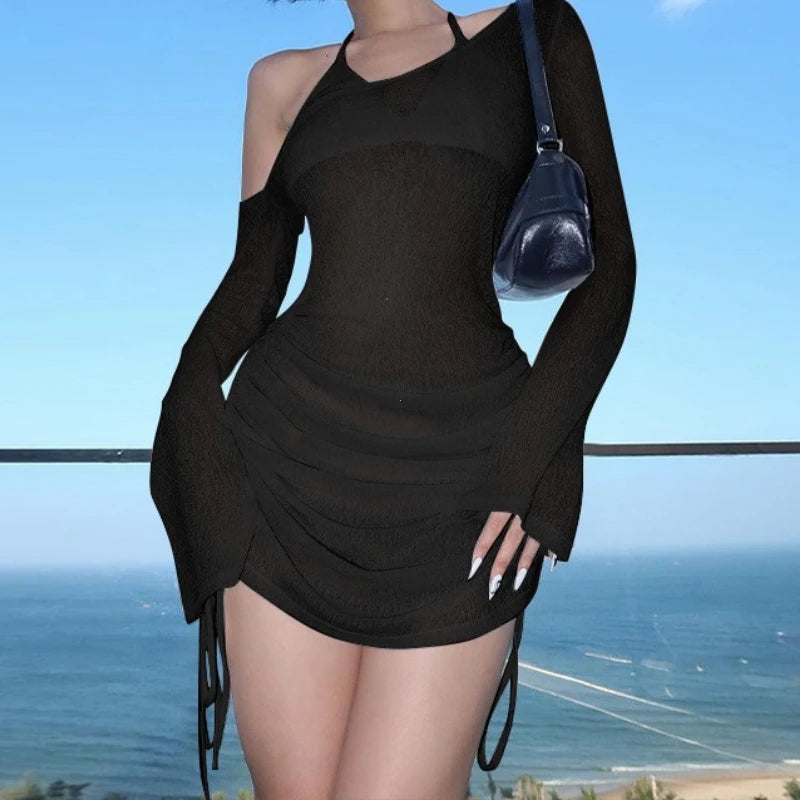 Ruched Lace-Up Sheer Mini Dress with Drawstring