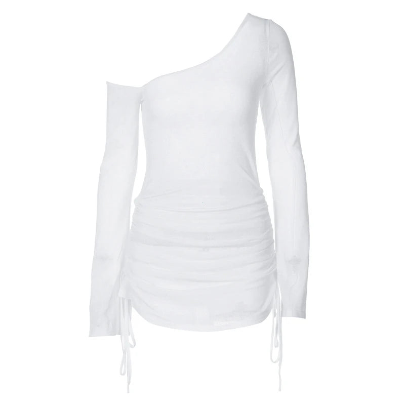 Ruched Lace-Up Sheer Mini Dress with Drawstring