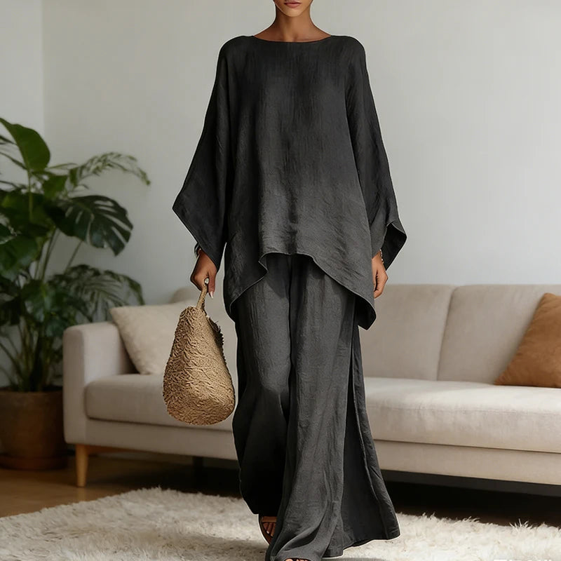 Women’s Linen Long Sleeve Top & Wide Leg Pants Set