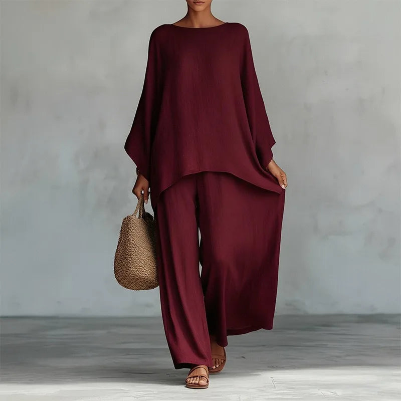 Women’s Linen Long Sleeve Top & Wide Leg Pants Set