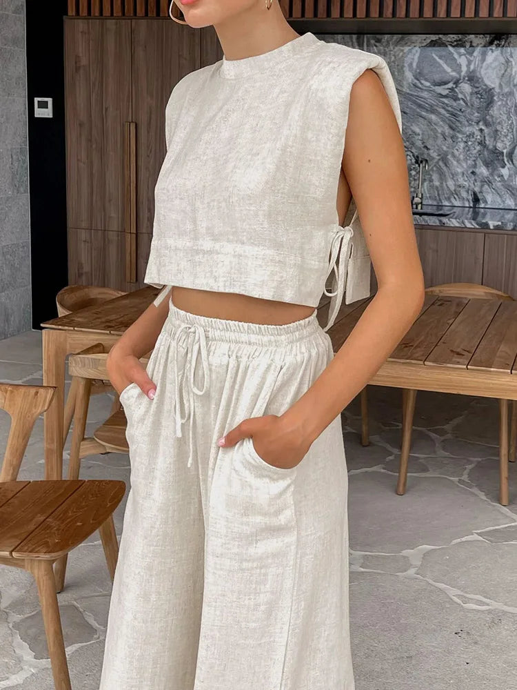 Women’s Linen Crop Top and Pant Two-Piece Set