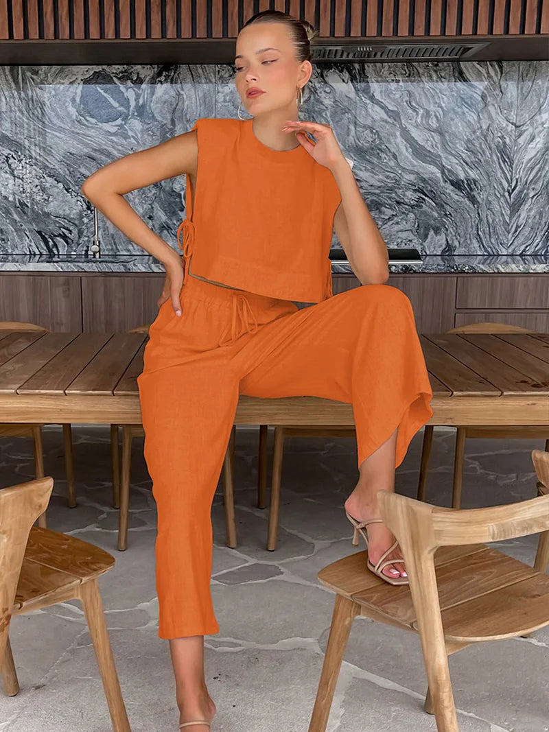 Women’s Linen Crop Top and Pant Two-Piece Set