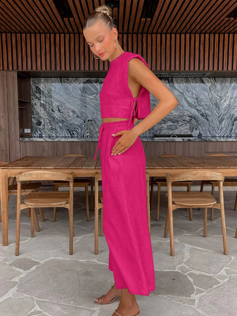 Women’s Linen Crop Top and Pant Two-Piece Set