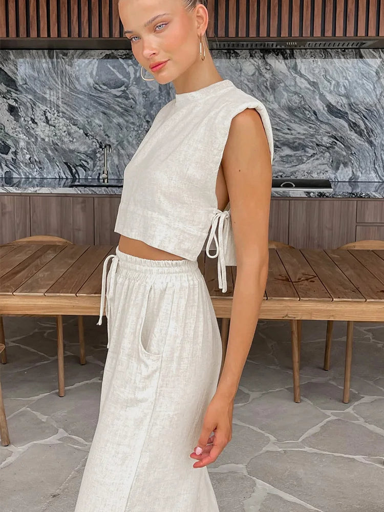 Women’s Linen Crop Top and Pant Two-Piece Set