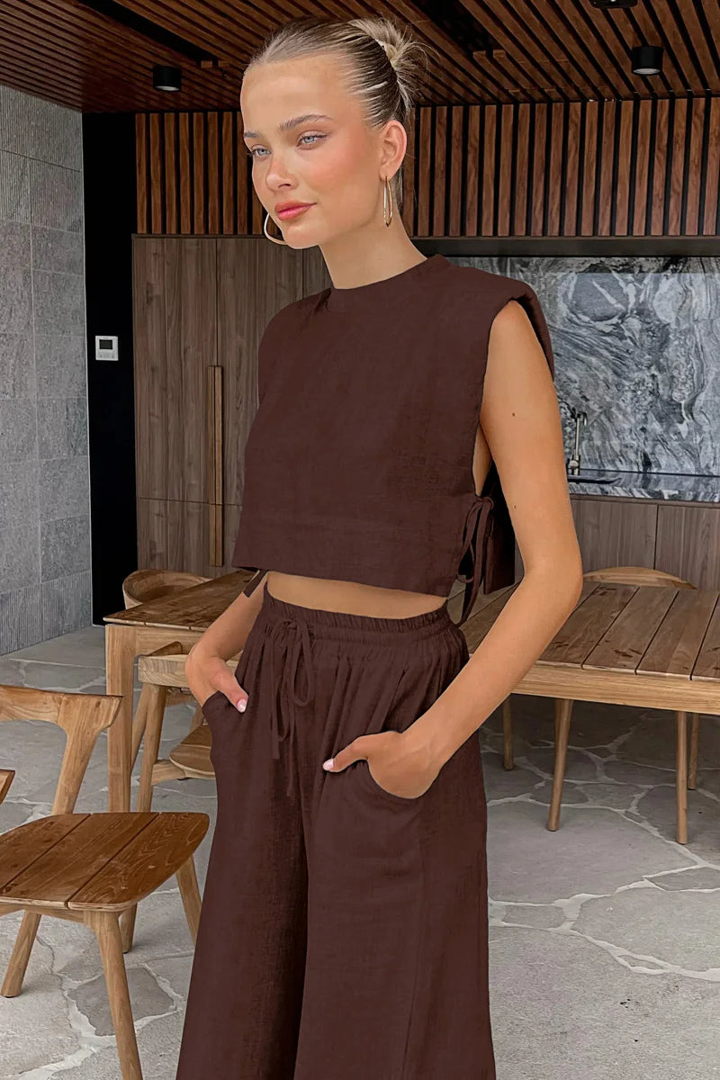 Women’s Linen Crop Top and Pant Two-Piece Set