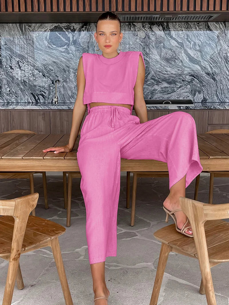 Women’s Linen Crop Top and Pant Two-Piece Set
