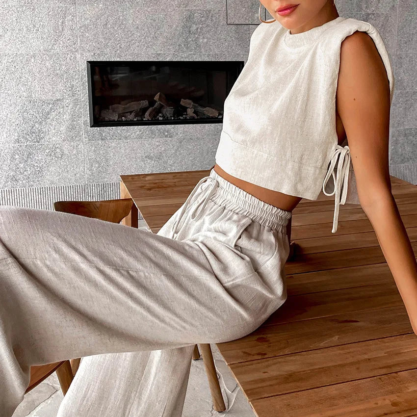 Women’s Linen Crop Top and Pant Two-Piece Set