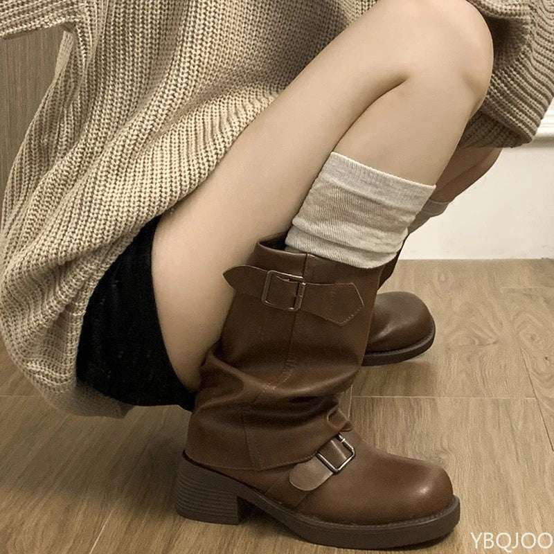 Retro Brown Western Cowboy Boots with Stacked Heel