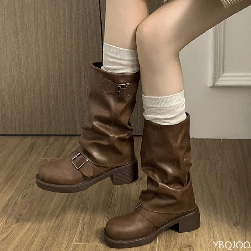 Retro Brown Western Cowboy Boots with Stacked Heel