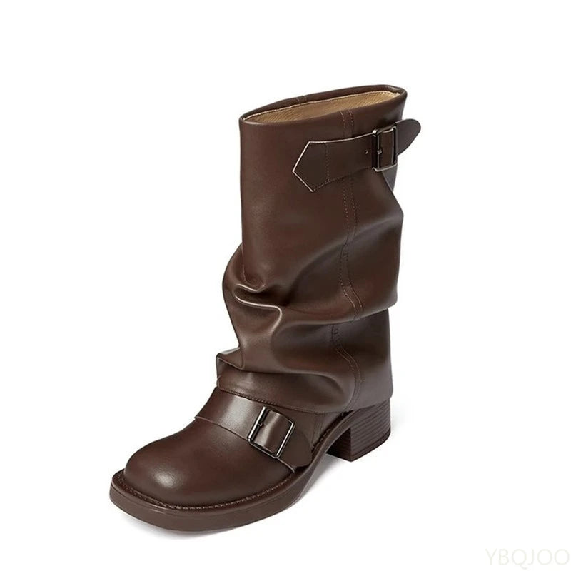 Retro Brown Western Cowboy Boots with Stacked Heel