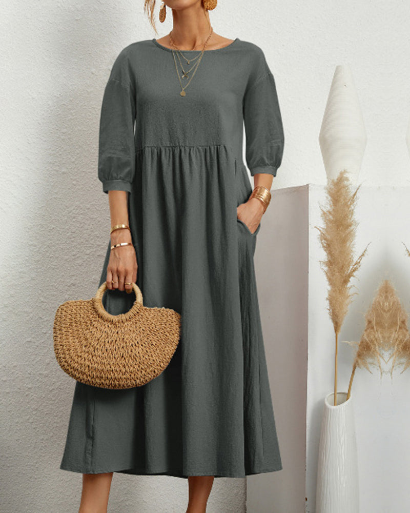 Stylish Women's Midi Dress with Lantern Sleeves & Comfortable Fit for All-Day Wear